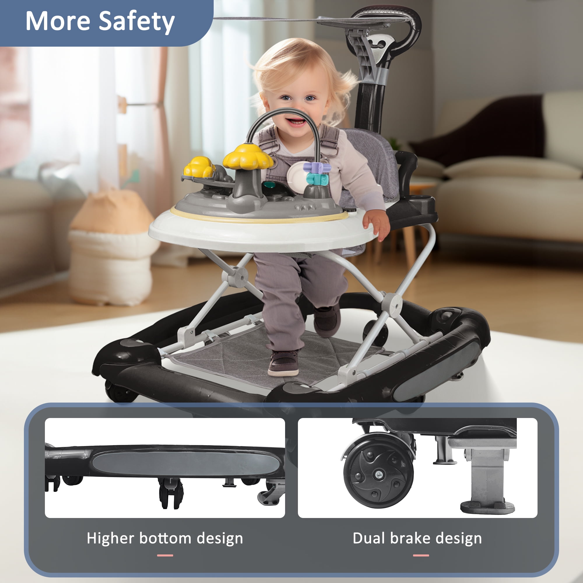 HAOUUCYIN 4-in-1 Baby Walker, Music Activity Push Walker with Wheel, Foldable and Height Adjustable, Black