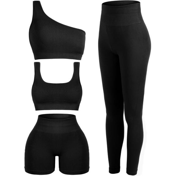 Lsupdaol 4 Pcs Women's Workout Sets Pilates Exercise Outfit Ribbed Scoop Neck Sports Bra Shorts Leggings Gym Clothes Set