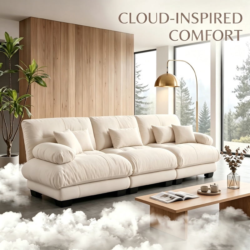 ANPPORT Cloud Couch Sleeper Sofa, Chenille Light Coffee 3-Seater Modular Sofa, 3 Lumbar pillows, 2 Pillows, Comfy Deep Seat Cloud Sofa, Convertible L-Shaped Floor Couch for Living Room