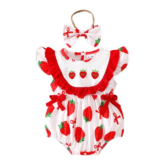 Karoyedx Baby Girls Elegant Clothes Toddler Baby Girl Clothes Ribbed Short Sleeve Ruffle Bow Romper Dress Headband Cute Summer Outfit Jumpsuit Red Size,6-12 Months