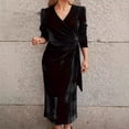 thumbnail image 3 of Quixlent Women Autum Spring Dress Cross V Neck Solid Color Lace-up Tight Waist Velvet Mid-calf Length Long Sleeves Pleated Dating Commuting Midi Dress, 3 of 8