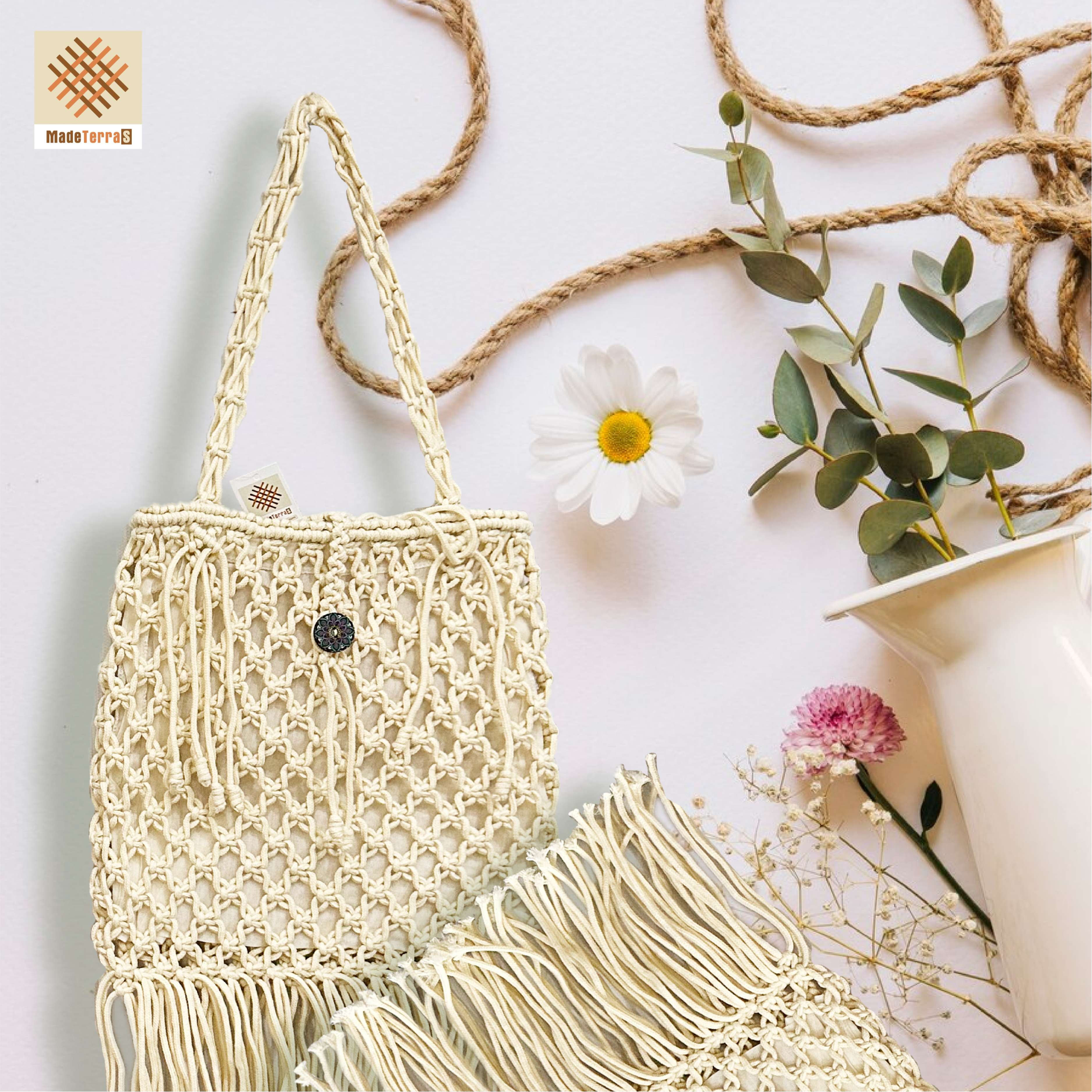 MadeTerra S Crochet Tote Bag for Women| Rustic Crochet Handbags Knitted Shoulder Bags| Packable Beach Bag Tote Braided Handbag