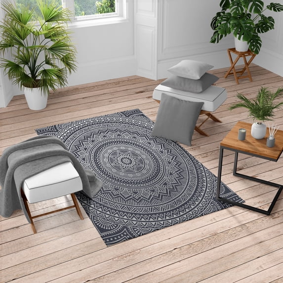 Mandala Turkish Area Rug, Abstract Floral Design with Themes Native South East Folkloric Illustration, Soft Carpet for Living Room Decor with Distressed Look, 4' X 5.7', Dark Indigo, by Ambesonne