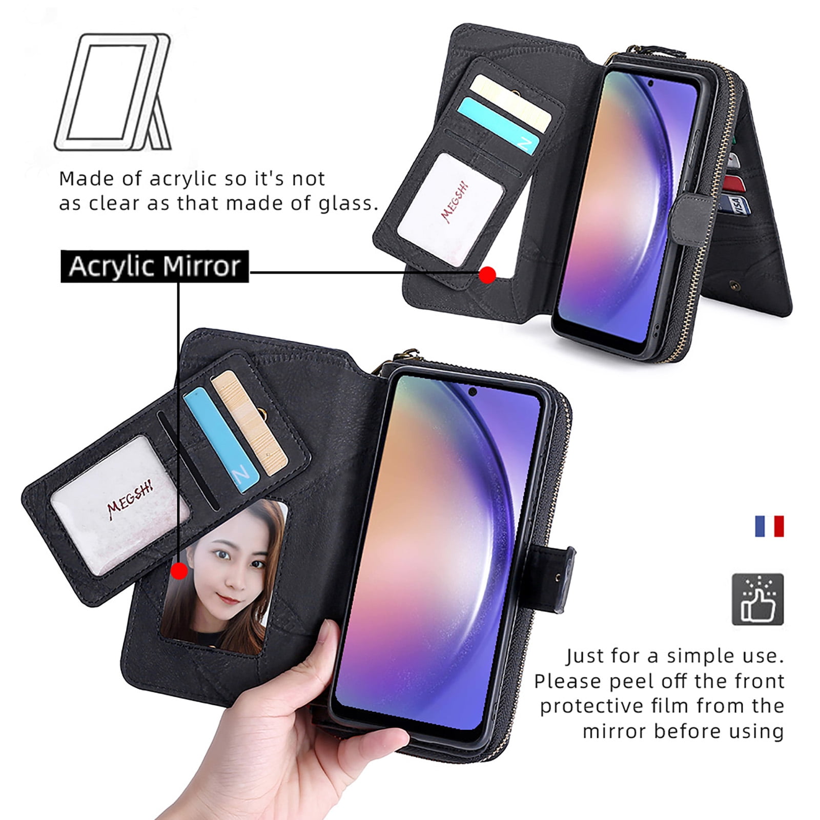 For Samsung Galaxy S25 Wallet Case with RFID Blocking Credit Card Holder, Detachable Wallet Phone Case Magnetic Closure Flip Kickstand PU Leather Flip Lanyard Strap Wristlet Zipper Purse,Black