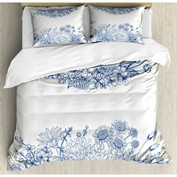 Blue Duvet Cover Set Queen Size, Artistic Floral Bouquet Corsage Carnations Chamomiles Bridal Wedding Anniversary Theme, Decorative 3 Piece Bedding Set with 2 Pillow Shams, Blue White, by Ambesonne