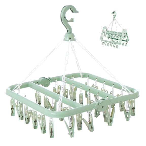 Clothes Drying Rack with 32 Clips, Foldable Hanging Rack, 360° Rotatable Hook for Drying Socks Baby Clothes Towels Gloves(Light Green)