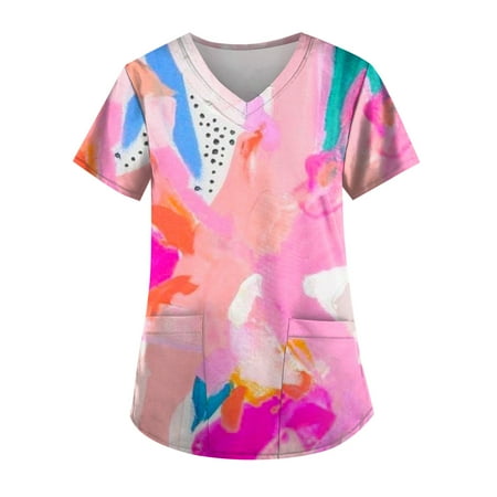 

Yubatuo Independence Day Women Plus Size Scrubs Top with Pockets V-Neck Short Sleeve Printed Work Blouse for Women Pink M
