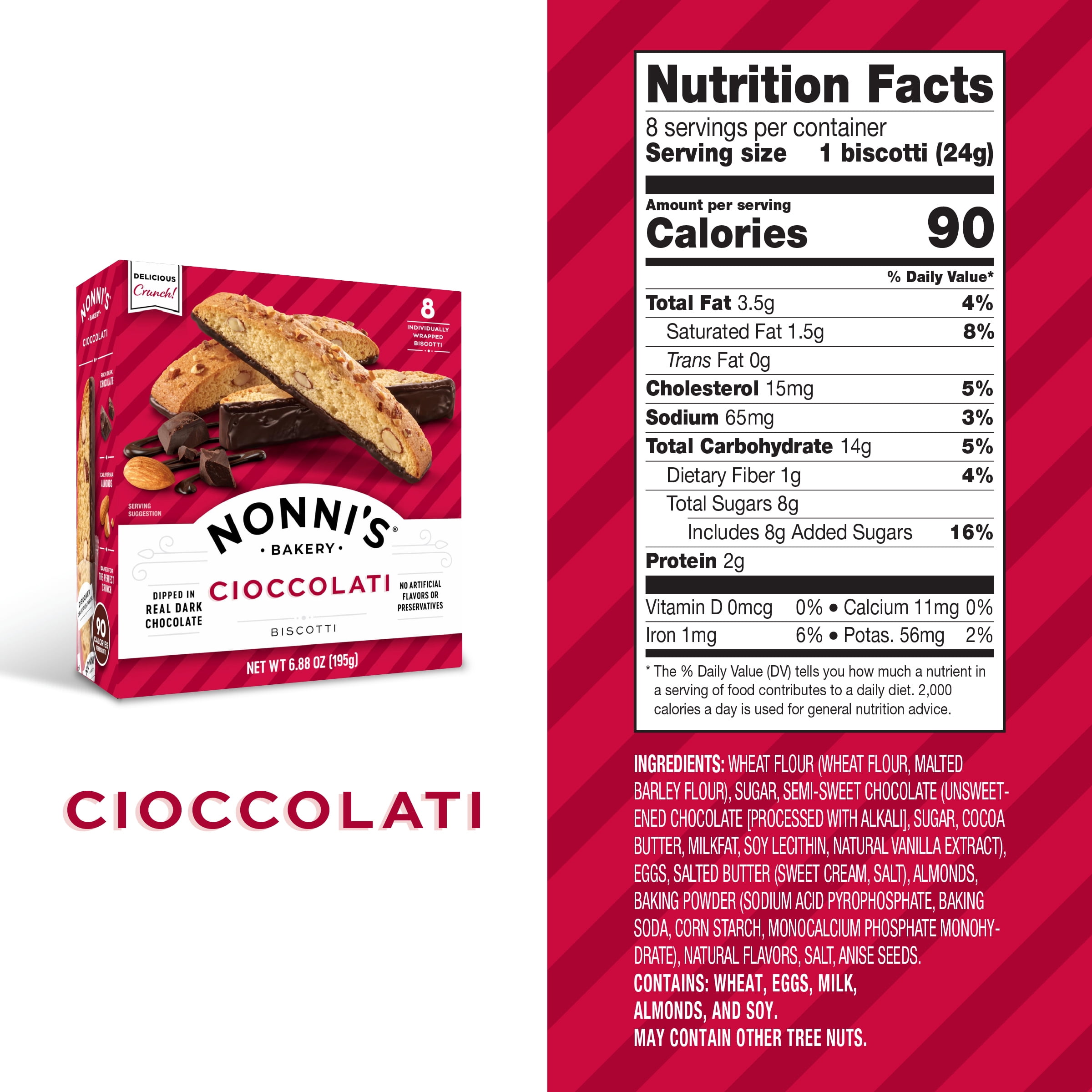 (3 pack) Nonni's Bakery, Cioccolati Almond Biscotti, Individually Wrapped, 6.88 oz, 8 Count