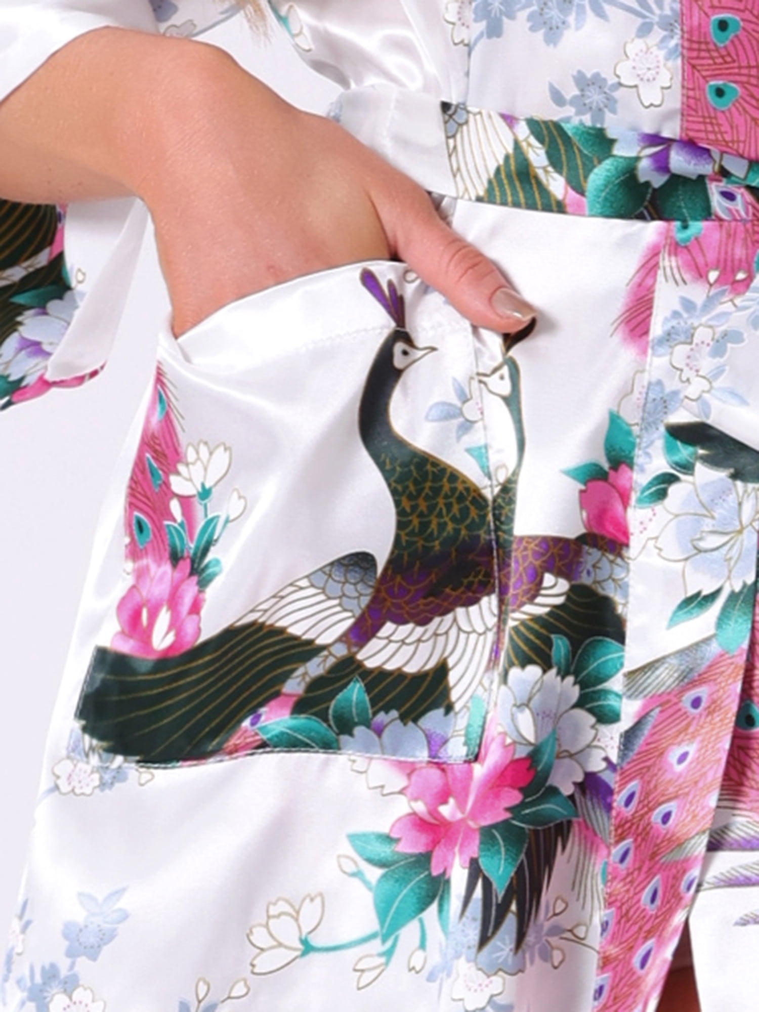 DARING DIVA Women's Satin Floral V-Neck 3/4 Sleeve Peacock Print Nightgown S White