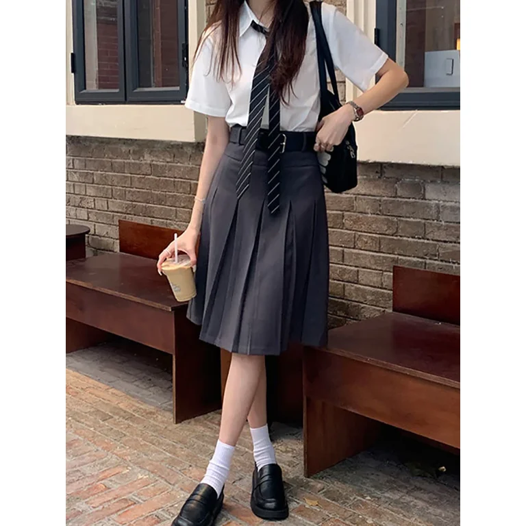 AnQingLueLv Vintage Y2k Pleated Skirt Women Preppy Style Autumn Korean Fashion High Waist Knee Length A line Skirt 90s Aesthetic Walmart