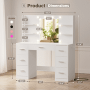 Vineego Vanity Desk with Adjustable Lighted Mirror, Vanity Table Set with Drawers & Storage Shelves, Makeup Vanity for Bedroom Dressing Room, White
