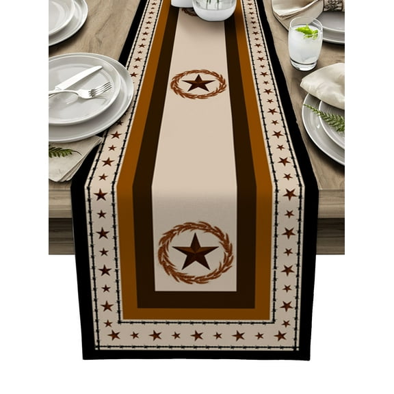 Table Runner Dresser Scarves 90 Inch Long, Retro Stars Wheat Ear Wreath Linen Dining Table Runners Vintage Brown and Black Tabletop Scarf for Wedding Holiday Party Kitchen