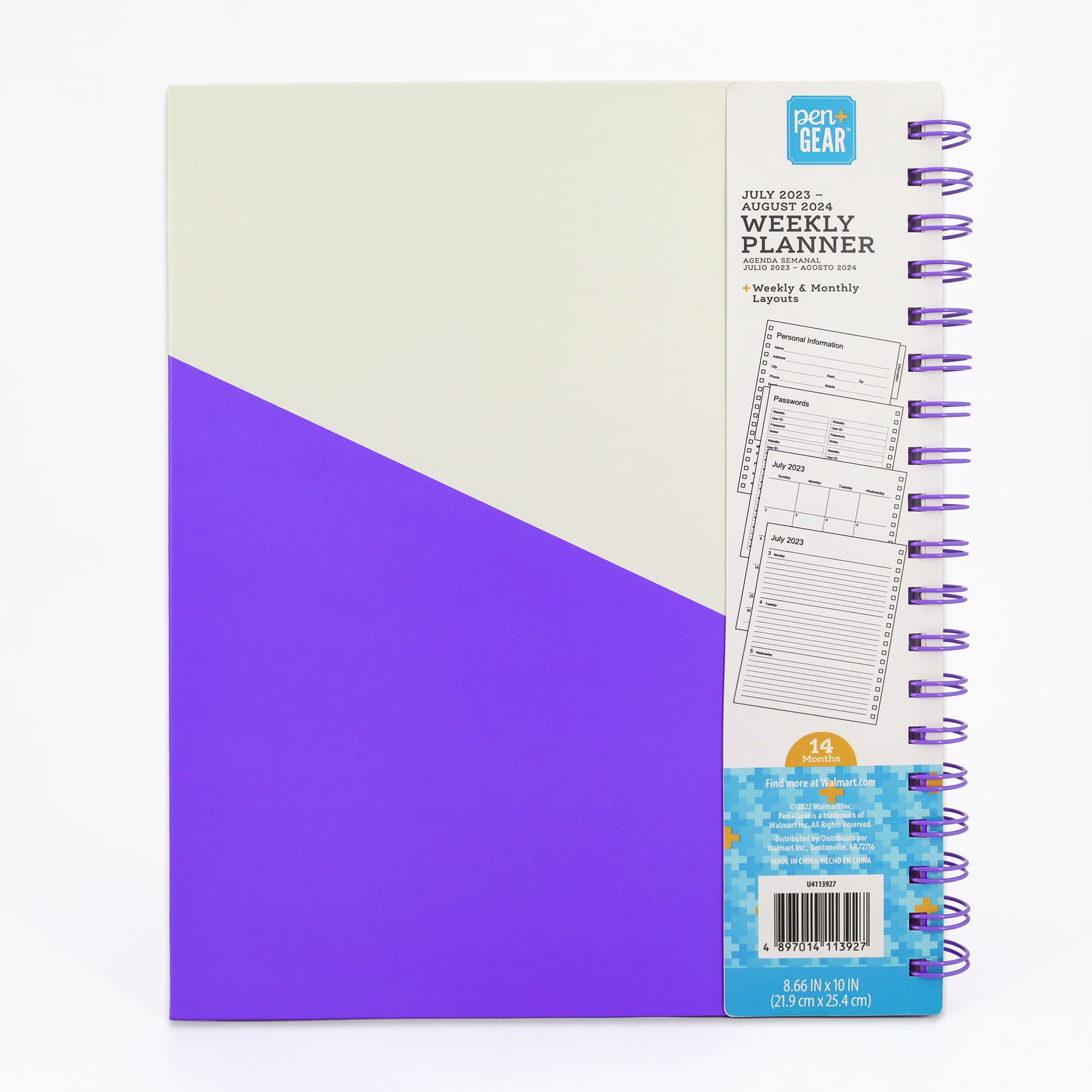 Pen + Gear Large Weekly/Monthly Planner,  Purple & Cream Color, Hardback Cover, Twin Wire Bound