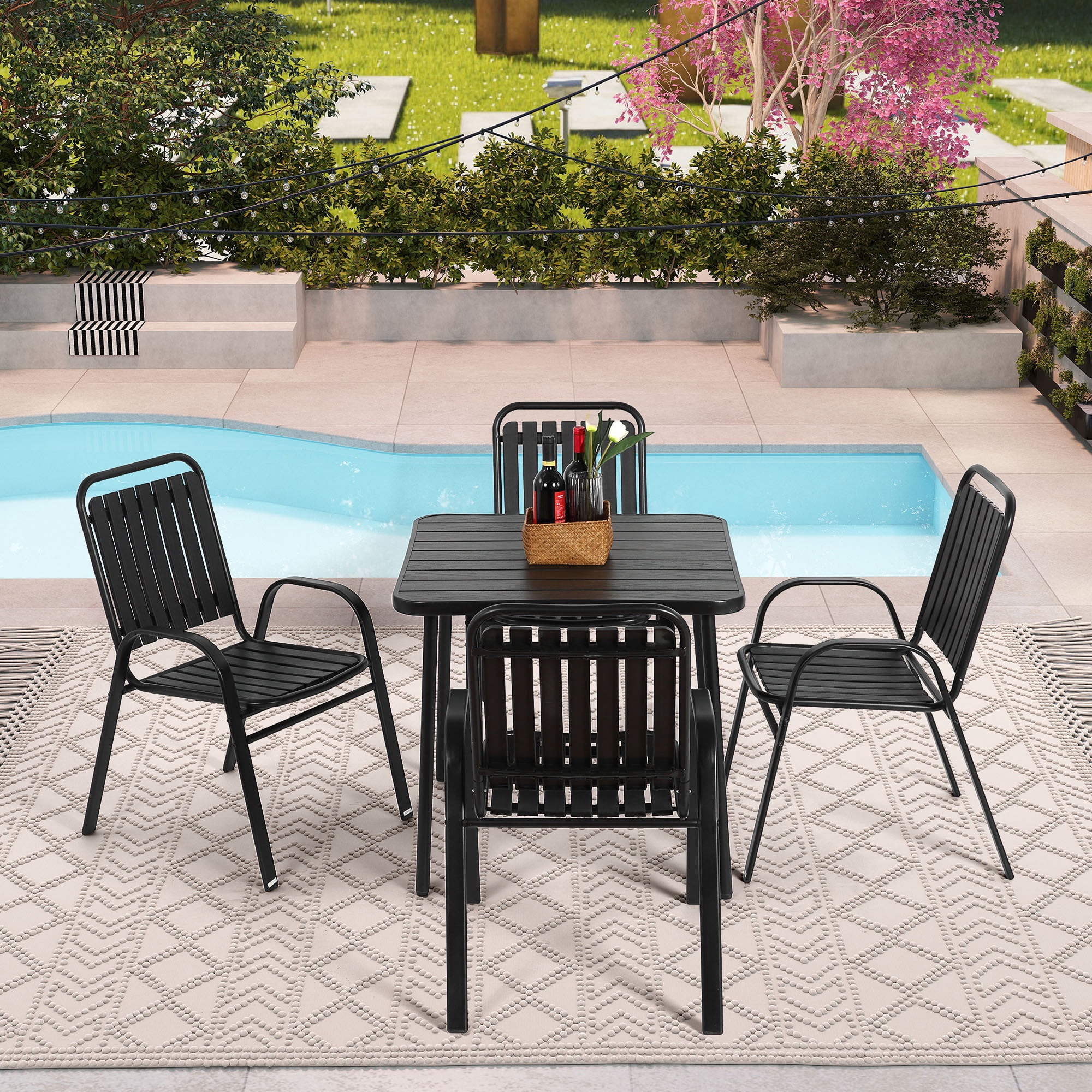 Clearance Outdoor Patio Dining Set for 4, Outdoor Furniture Plastic Table and Chairs, 5-piece Patio Set w/Square Table and Stackable Armchairs, Wood Grain Top, Heavy-duty Steel Frame, Black