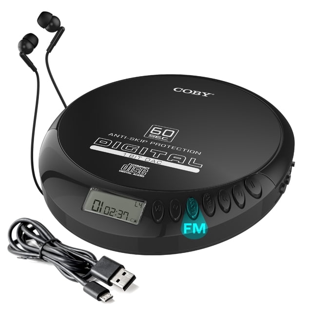 Reproductor de CD portátil Coby con auriculares, radio FM, MP3