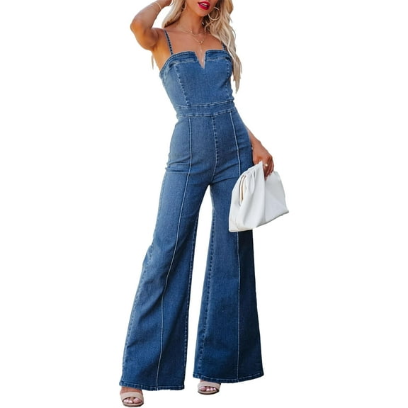HLSOHJP Women's Denim Jumpsuit Sleeveless Spaghetti Straps V-Neck Zipper Wide Leg Flare One Piece Jeans Romper Overalls