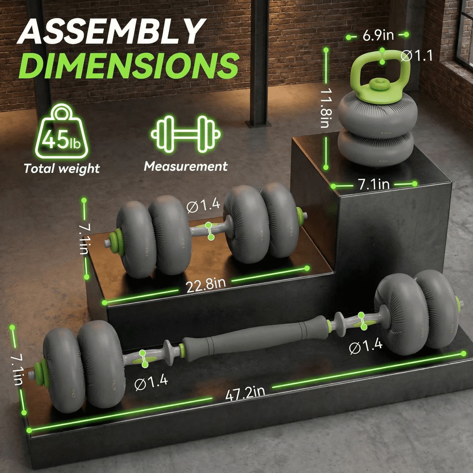 LIFERUN Adjustable Dumbbell Set, Soft PVC, 45lbs/67lbs Free Weight Set. 4-in-1: Barbell, Dumbbells, Kettlebell, Weight Plates, Green.