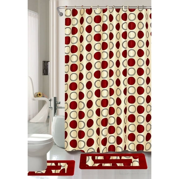 15-Piece Bathroom Set : 2-Rugs/Mats Non Slip, 1 Fabric Shower Curtain, With 12-Fabric Covered Rings, Different Styles and Colors For Home Bath Décor Dotted Burgundy