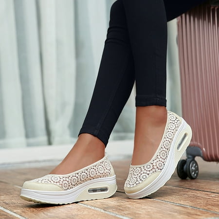 

Aayomet Womens Sneakers Works Slip On Breathe Lace Flower Walking Shoes Women Fashion Comfort Wedge Platform Loafers Beige 7