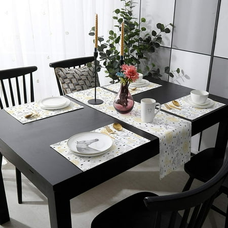 Golden Grey Fl Leaves Cer Burlap Linen Table Runner And Placemats Set Of 6 White Washable Dining Decor For Kitchen Party Banquet 16 X72 Canada Cer Burlap Linen Table Runner, Dining Table Mats And Runners