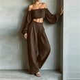 thumbnail image 4 of Women's 2 Piece Outfits Sweatsuits off the Shoulder Crop Top Wide Leg Sweatpants Casual Matching Sets Coffee XL(XL), 4 of 5