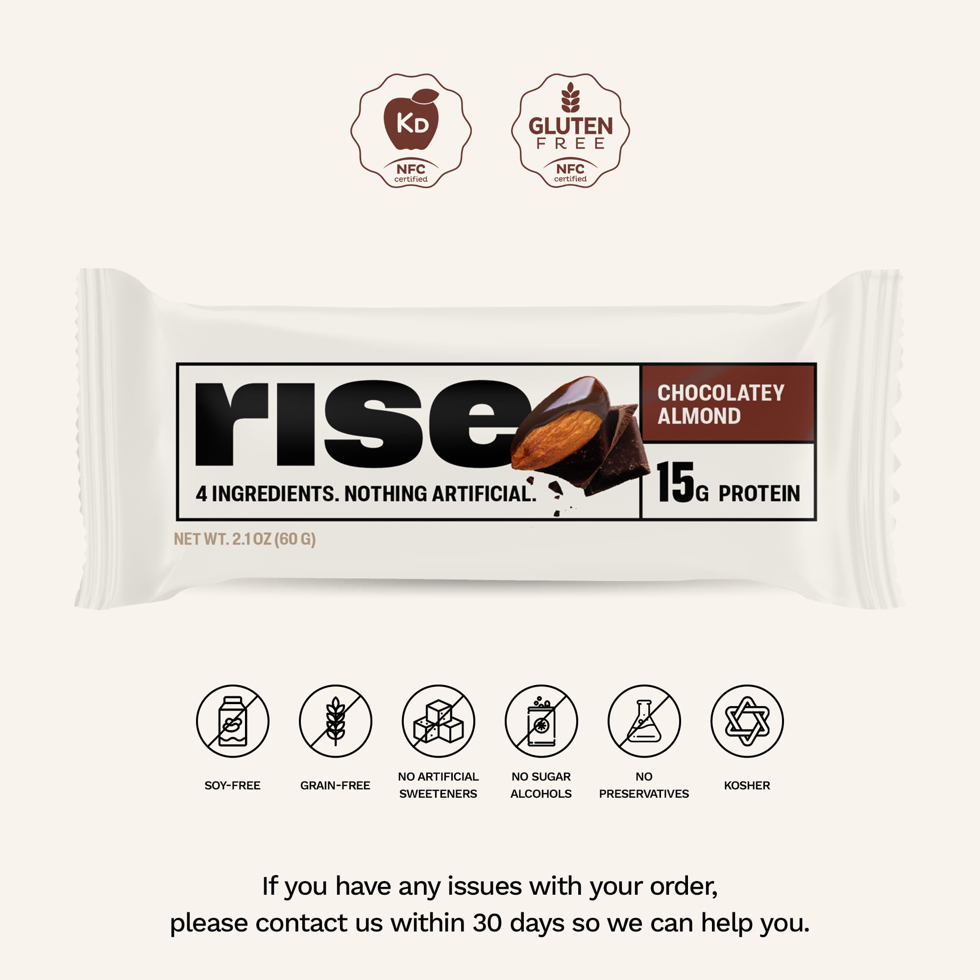 Rise Whey Protein Bars - Chocolatey Almond | Breakfast Bar & Protein Snack 15g Protein 5g Fiber Just 4 Whole Food Ingredients Gluten-Free Soy Free (12 Count)