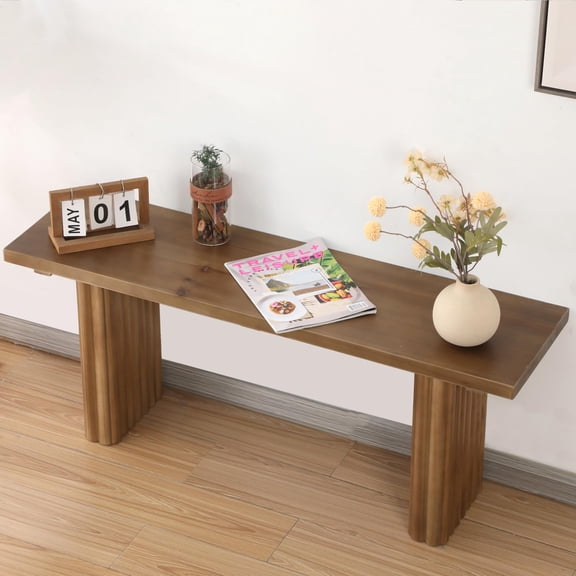 Fluted Farmhouse Bench 43.3 Inches, Solid Wood Entryway Seating, Long Narrow Design for Kitchen, Living Room, Bed End, Brown