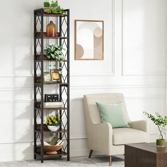 Fnova 78.7" 7-Tier Tall Storage Shelf, Narrow Metal Wood Bookshelf for Small Spaces, Office, Library, Living Room