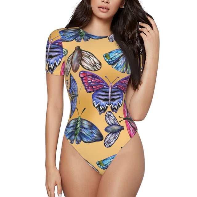 Saiise Grenouillère à Manches Courtes pour Femmes Motif Papillon 3 Col Rond Pyjama Justaucorps Extensible avec Fermeture à Pression-TG