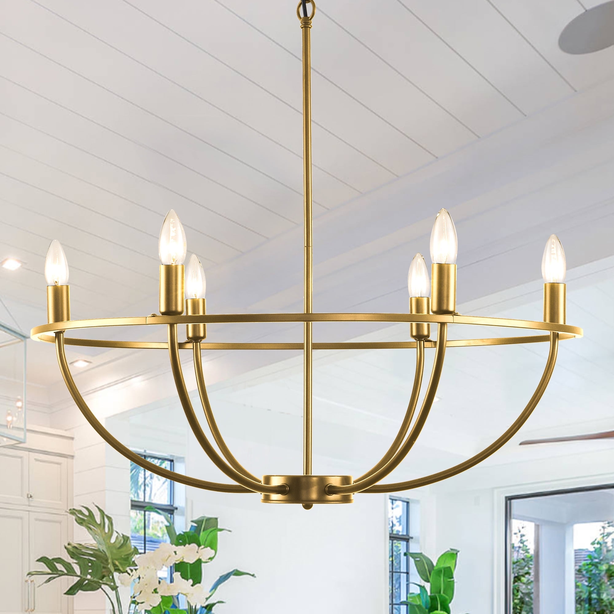LovingAHome 6 Lights 28.58'' Taper Candle Chandelier Wagon Wheel Hanging Light for Kitchen Dining Room,Gold