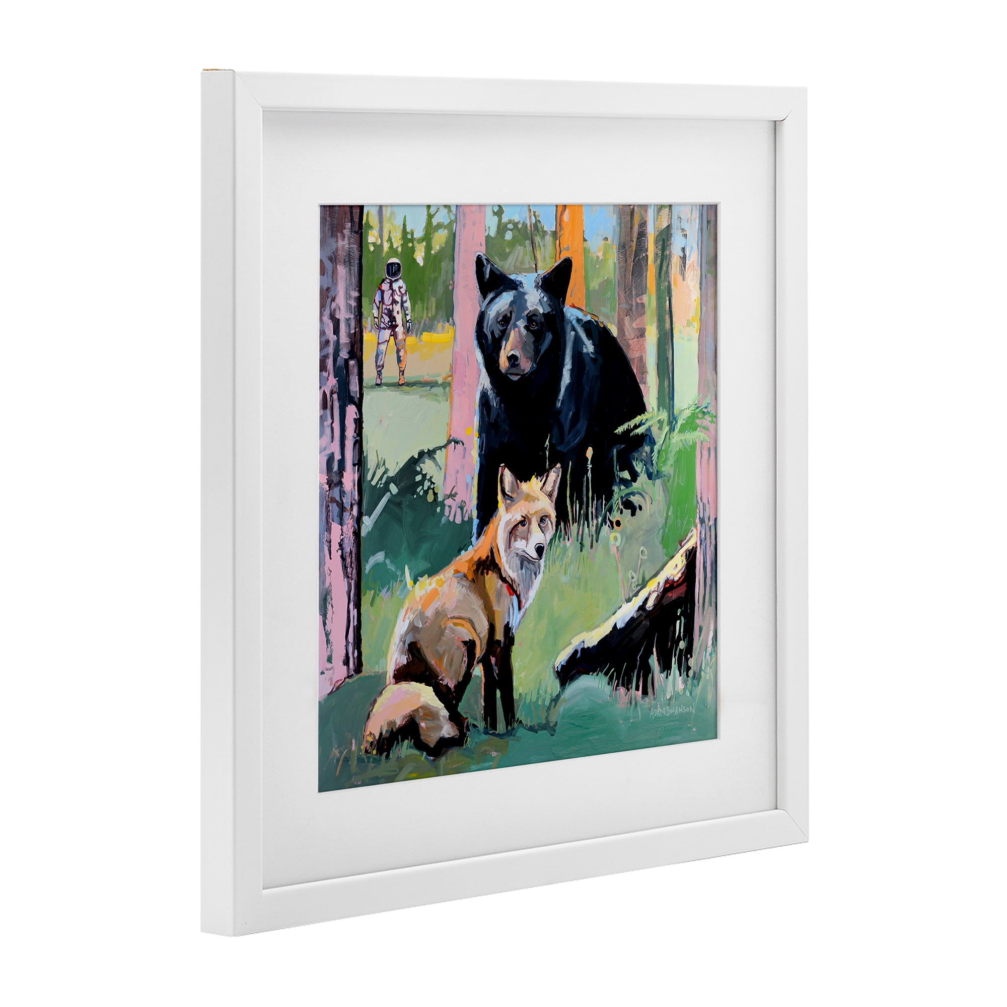 Forest Animals in Deep Space White Framed Print Under Glass, design by Adam Swanson