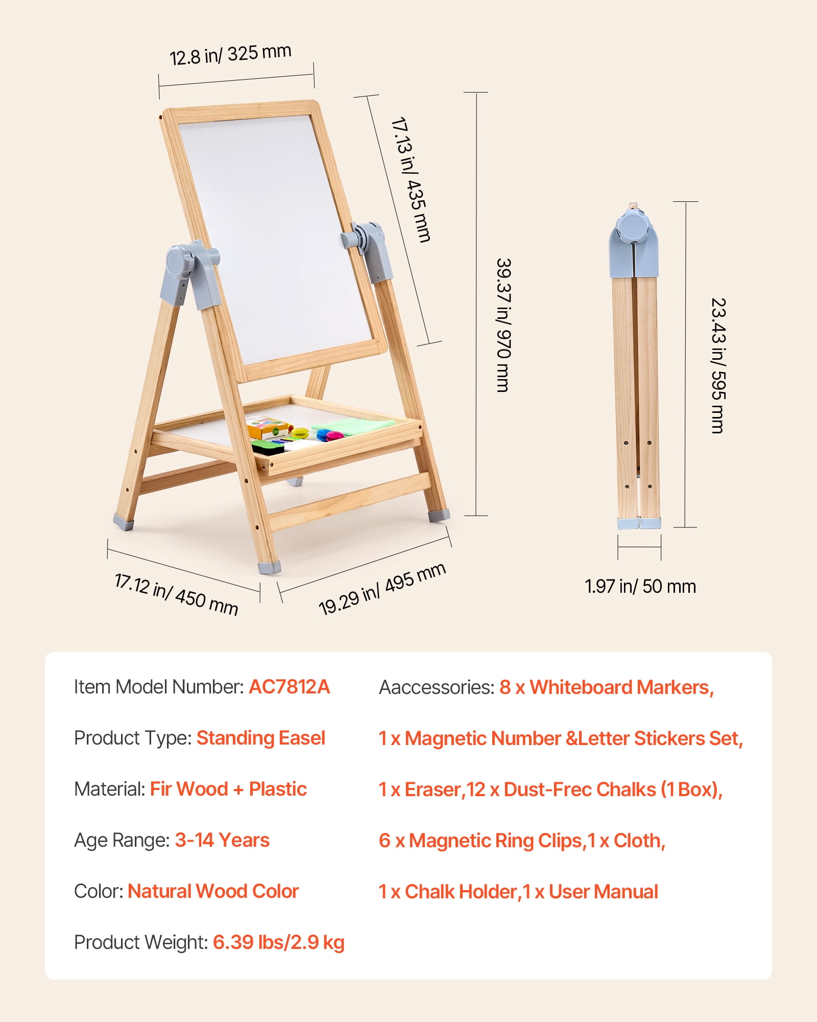 VEVOR Art Easel for Kids, 2-in-1 Wooden Double-Sided Kides Art Easel with Magnetic Whiteboard & Chalkboard, Adjustable Standing Rotatable Foldable Drawing Board with Painting Accessories for Boy Girl