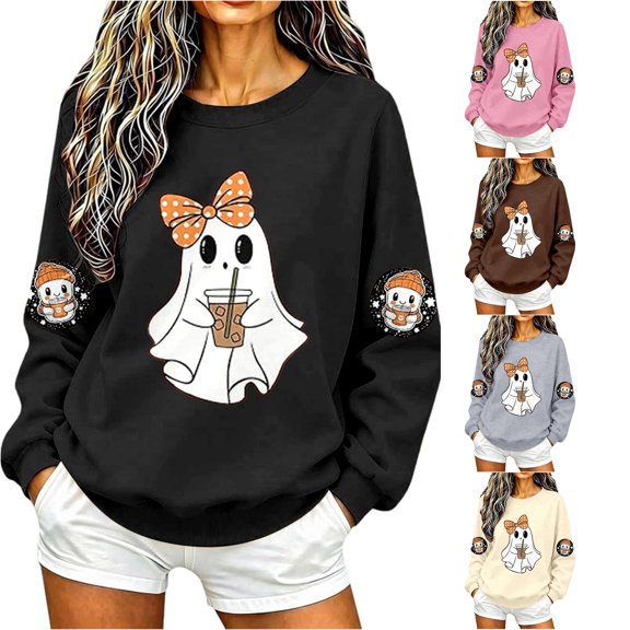 Women Cute Ghost Bow Graphic Crewneck Sweatshirt Halloween Pullover