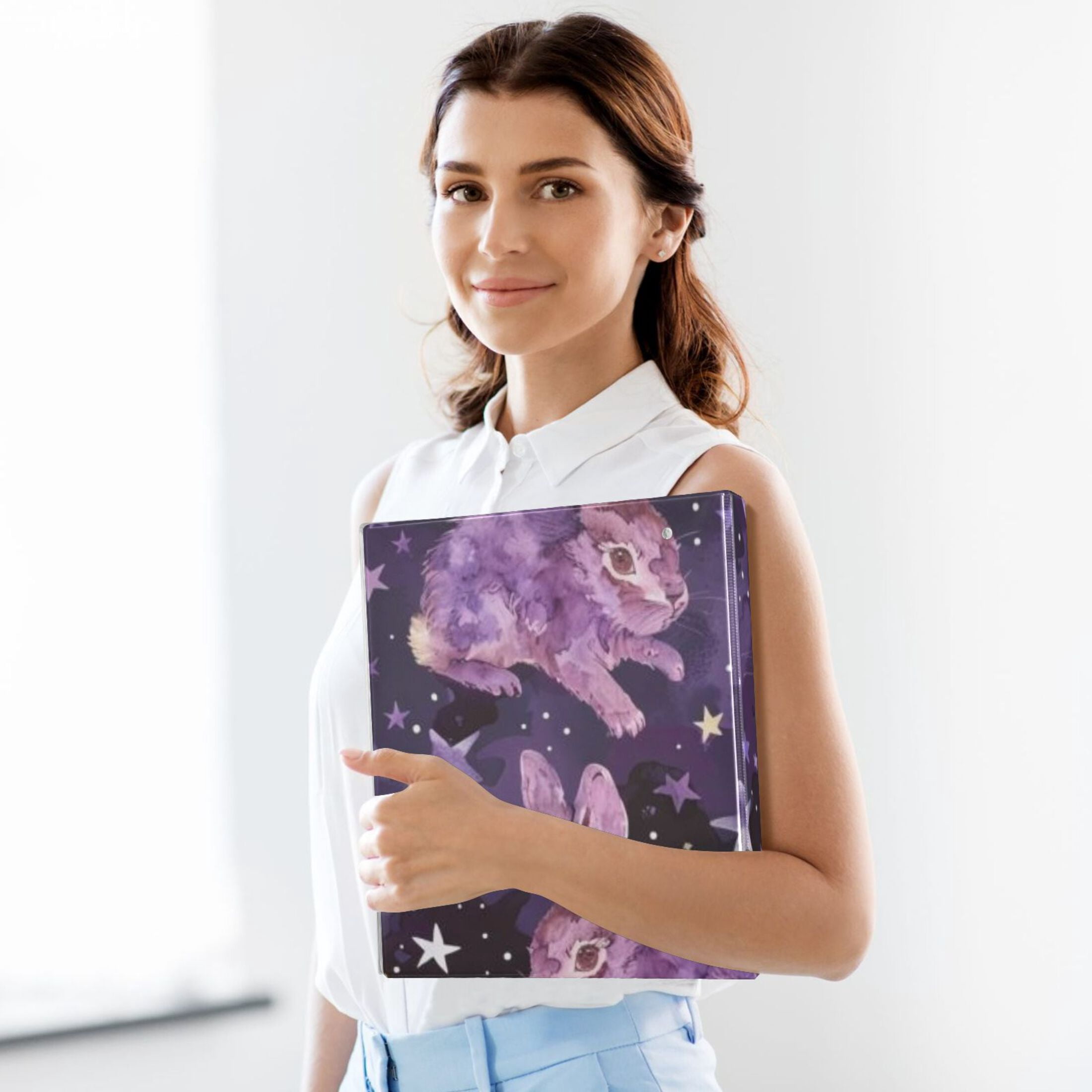 Purple Rabbits Stars 3 Ring Binders 1.5 inch Hardcover File Folders with Interior Pockets A4 Size Organizer for School Office Hospital