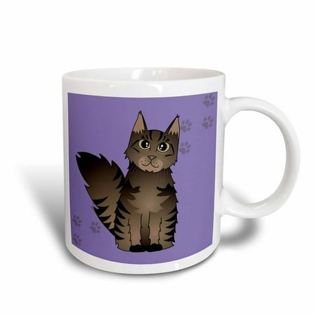 - 3dRose Cute Maine Coon Cartoon Cat - Brown Tabby - Purple with Pawprint, Ceramic Mug, 11-ounce