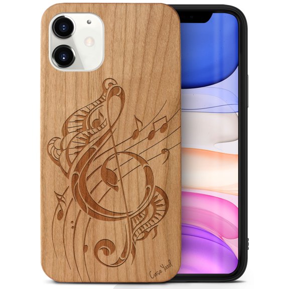 Case Yard Wooden Case Outside Soft TPU Silicone Slim Fit Shockproof Wood Protective Phone Cover for Girls Boys Men and Women Supports Wireless Charging Tribal Music Note Design case for iPhone-12-Mini