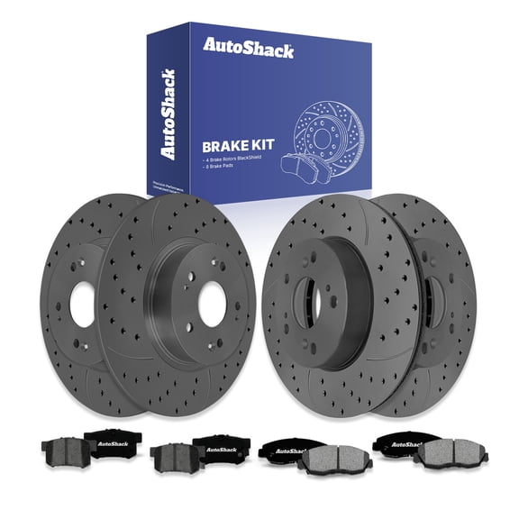 AutoShack Front Vented & Rear Solid Drilled & Slotted Coated Brake Rotors Black Matte Finish   Premium Ceramic Pads 12-PC Brake Kit Replacement for 2006-2007 Honda Accord BlackShield