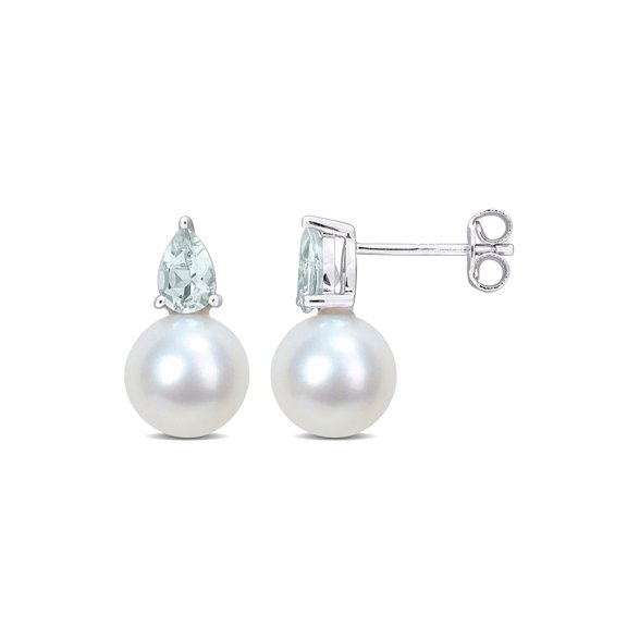 8.5-9mm Cultured Freshwater Pearl Earrings with Aquamarine Sterling Silver for Women