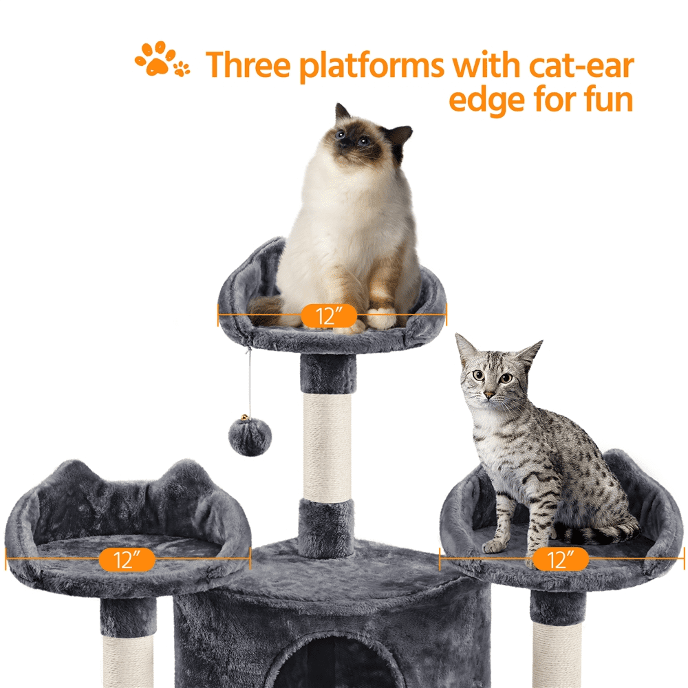 Alden Design 76.5" H Large Cat Tree Tower with 3 Condos Cozy Perches Dangling Ball, Dark Gray