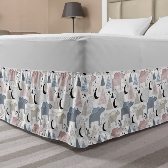 Doodle Bed Skirt, Polar Bear Mom and Baby Creative Kids with Pyramids Moon Dots Playful Children, Elastic Bedskirt Dust Ruffle Wrap Around for Bedding Decor, 4 Sizes, Multicolor, by Ambesonne