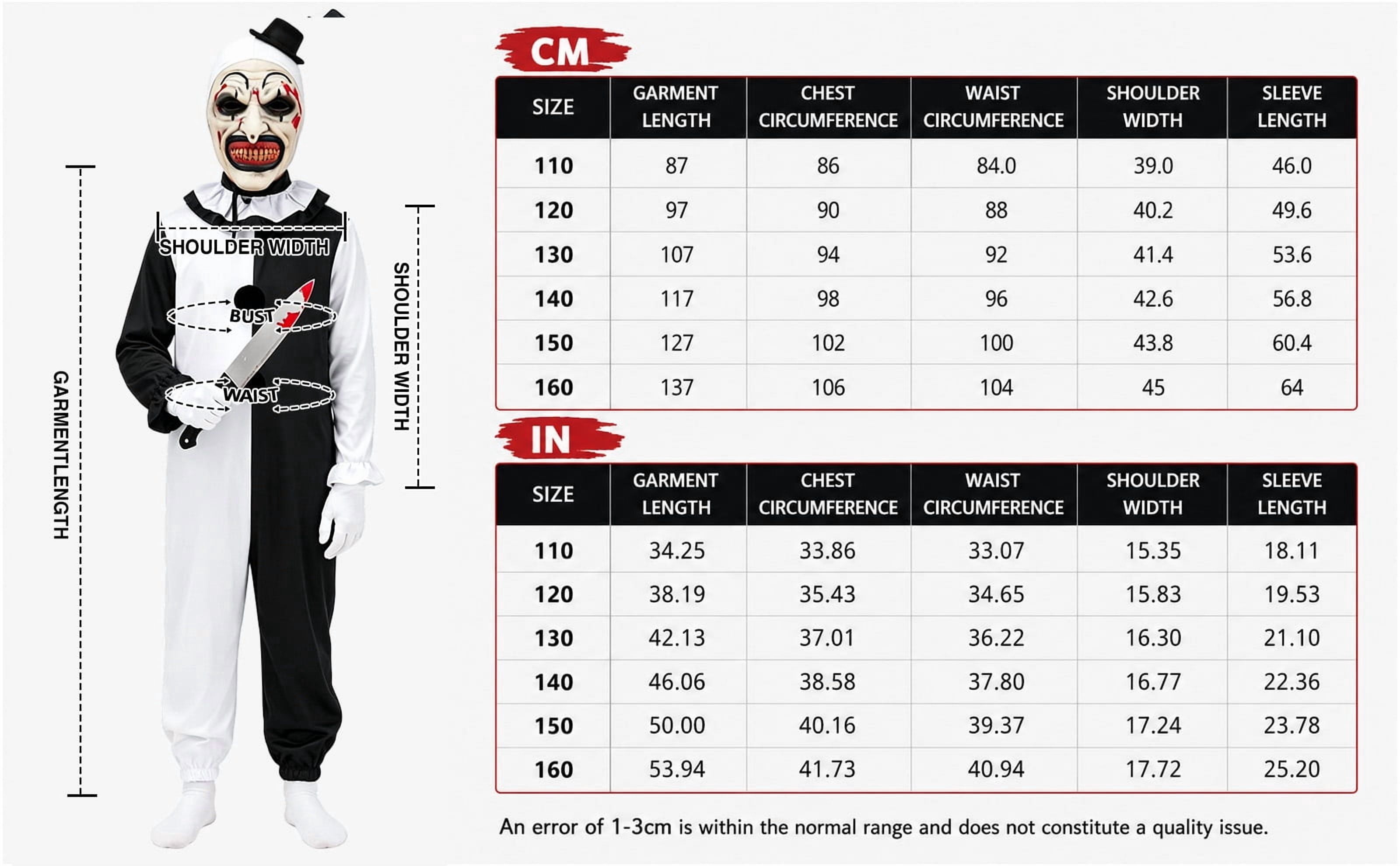 GOBWCOT Kids Clown Costume Terrifying Killer Black & White Scary Clown Jumpsuit Outfit with Mask, Knife Prop, Gloves for Halloween