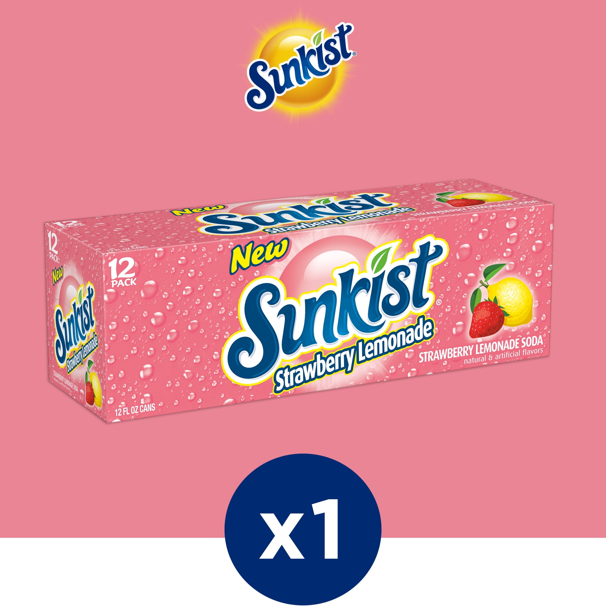Sunkist Caffeine Free Strawberry Lemonade Soda Pop, 12 fl oz, 12 Pack Cans