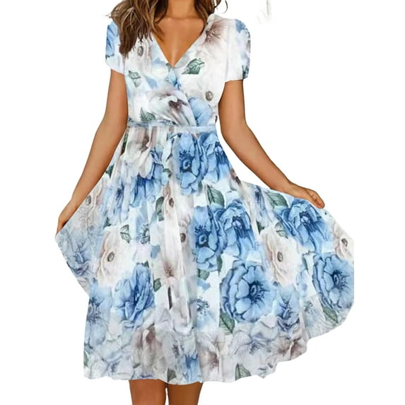 Gvmfive Women Summer Boho Floral Dress Short Sleeve Casual Midi Sundress