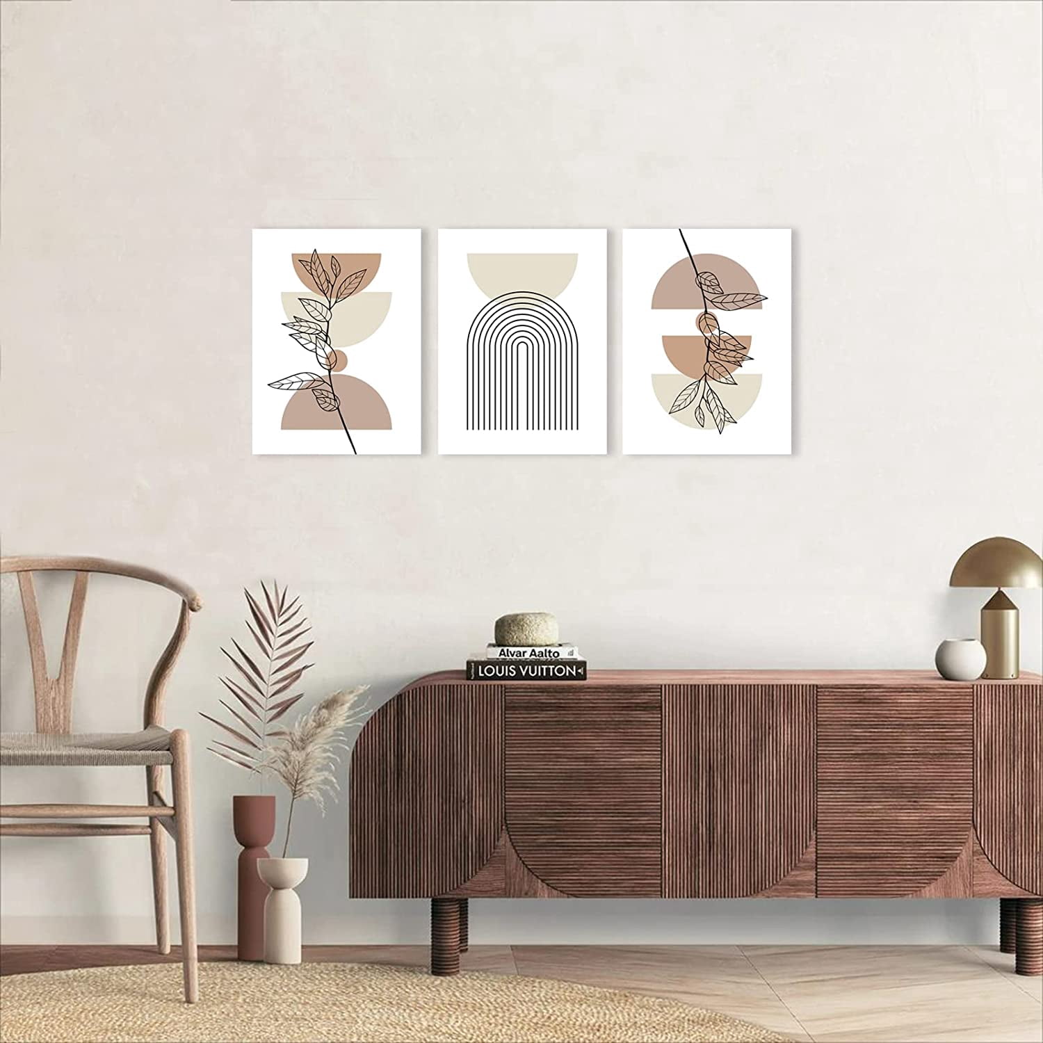 Minimalist Boho Wall Art Set of 3, Mid-Century Modern Wall Art, Framed Canvas Wall Art Moon Botanical Geometric Neutral Abstract Artwork Prints Modern Boho Room Wall Decor for Living Room,12x16