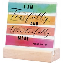 Ceramic Sign 4x4Inch Inspirational Christian Decor Christian Art Gifts She Is Fearfully Wonderfully Made Plaque Sign with Wood Stand Religious Bible Verse Gifts Home Office Decor Nursery Gifts
