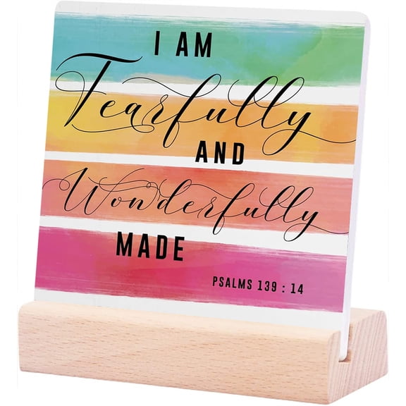Ceramic Sign 4x4Inch Inspirational Christian Decor Christian Art Gifts She Is Fearfully Wonderfully Made Plaque Sign with Wood Stand Religious Bible Verse Gifts Home Office Decor Nursery Gifts