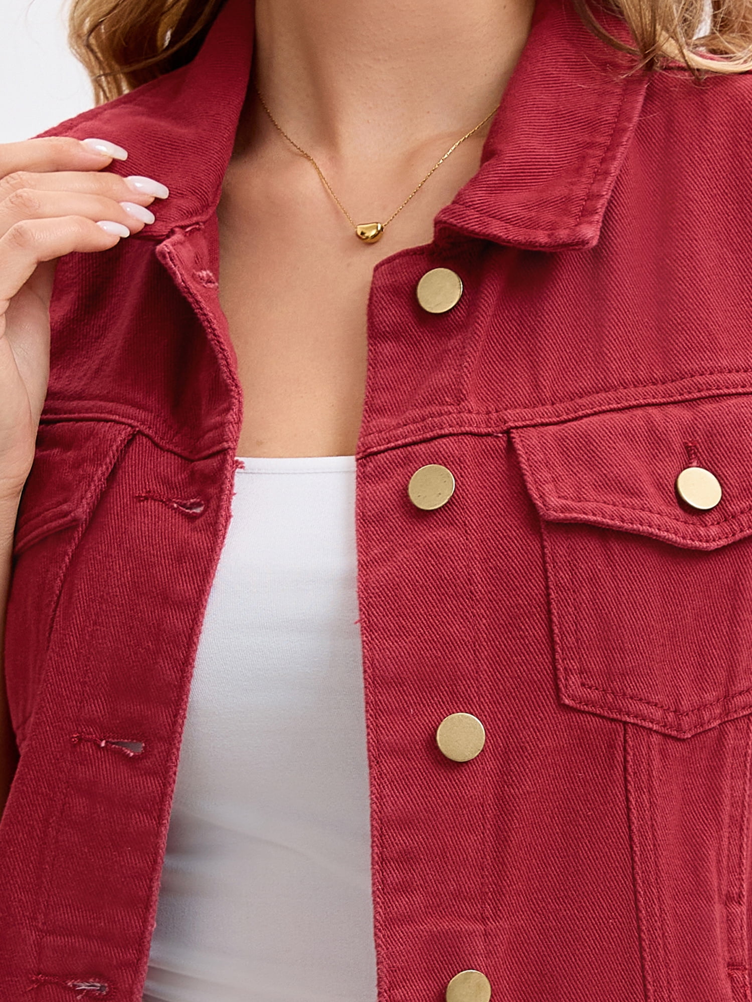 DARING DIVA Womens Denim Vest Button Down Jacket Sleeveless Jean Jacket L Red
