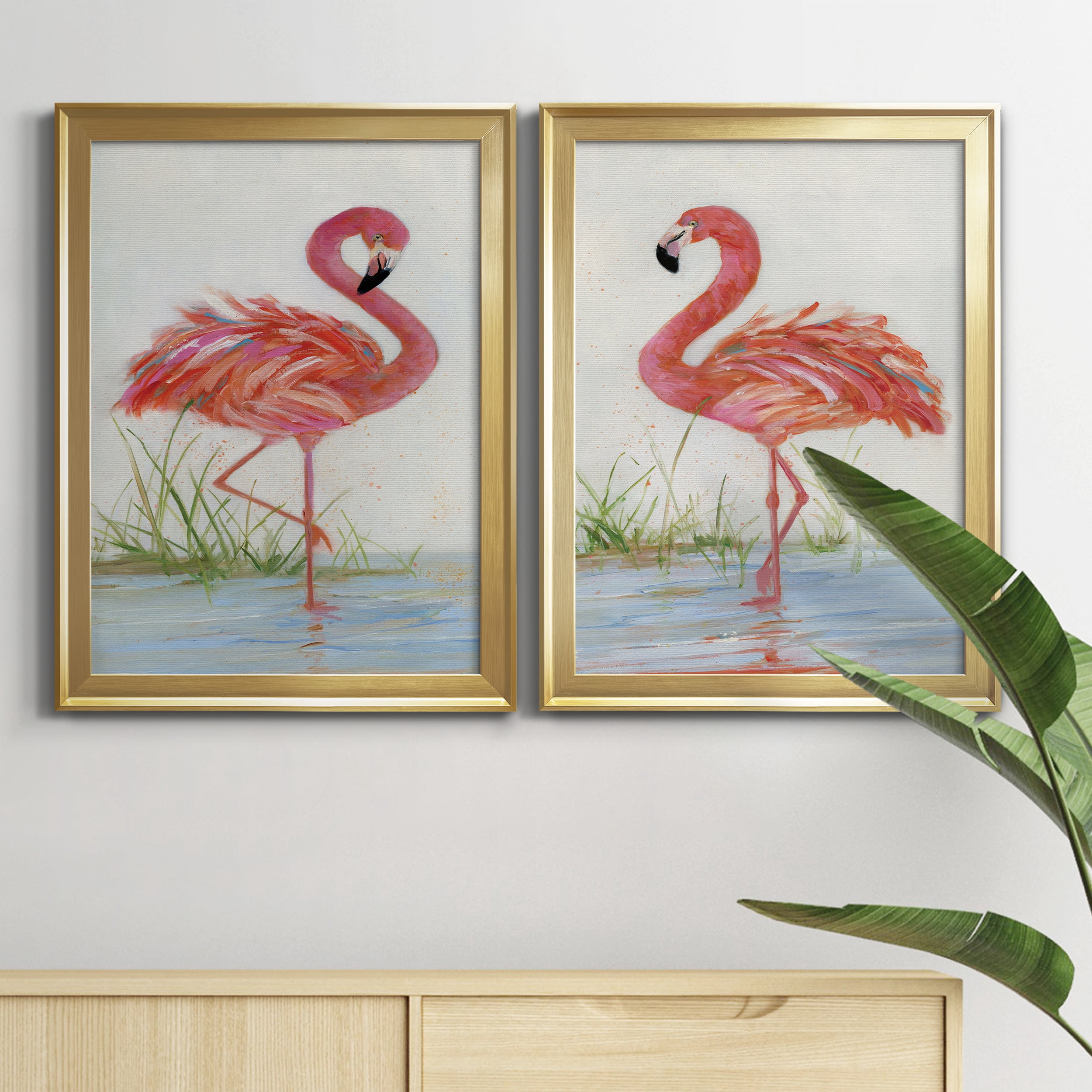 2 Piece Set Flamingo I Premium Framed Canvas - Ready to Hang - 22.5 x 30.5 Each - Gold Frame