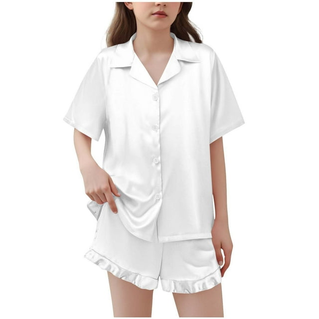 BLVB Girls Pajamas Satin Pajama Set Silk Pjs Short Sleeve Button down Shirts Summer Ruffle Sleepwear for Big Kids 5-15Y