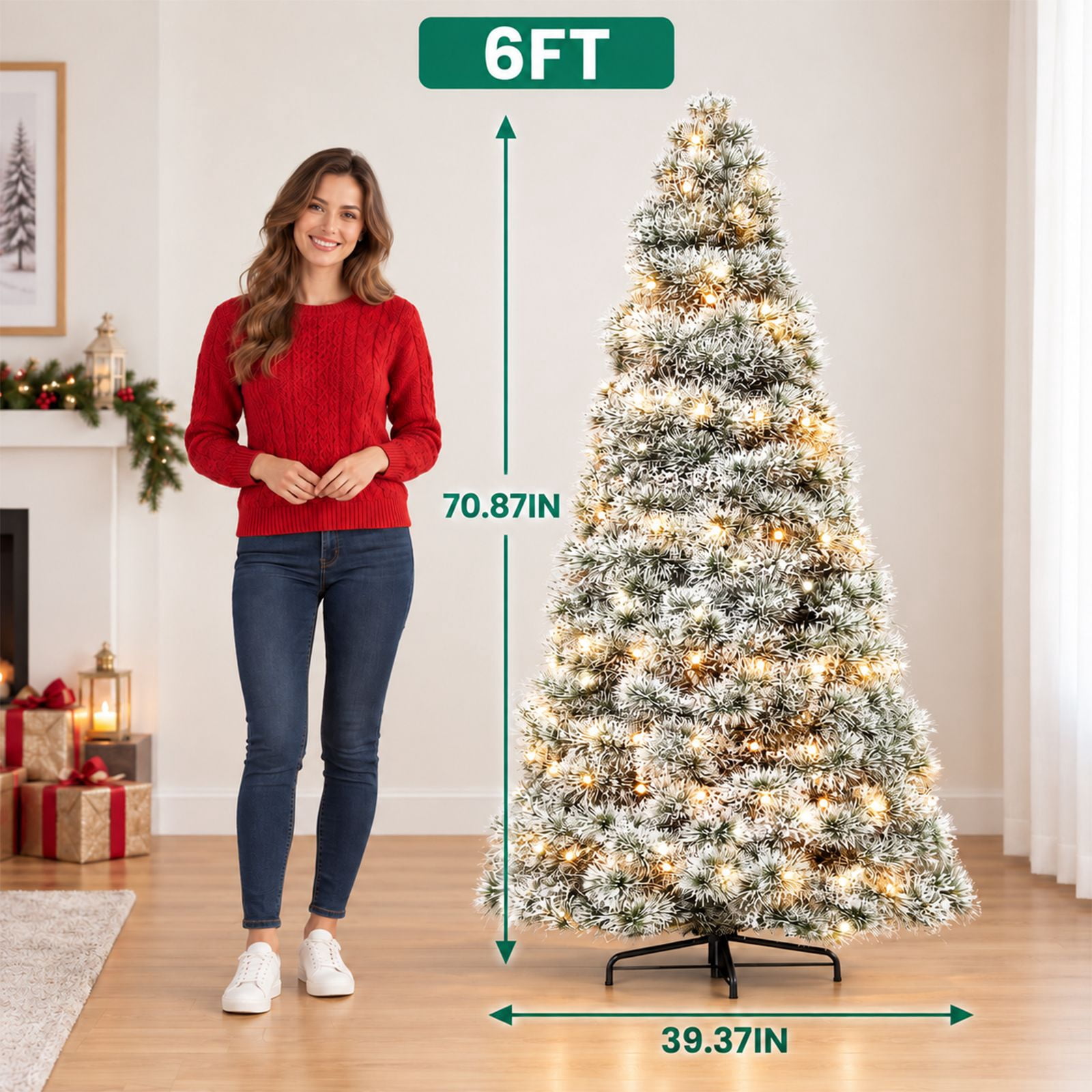 Alvantor Pre-Lit Christmas Tree, Flocking 6 FT Hinged Spruce, 250 LED Lights, 700 Tips